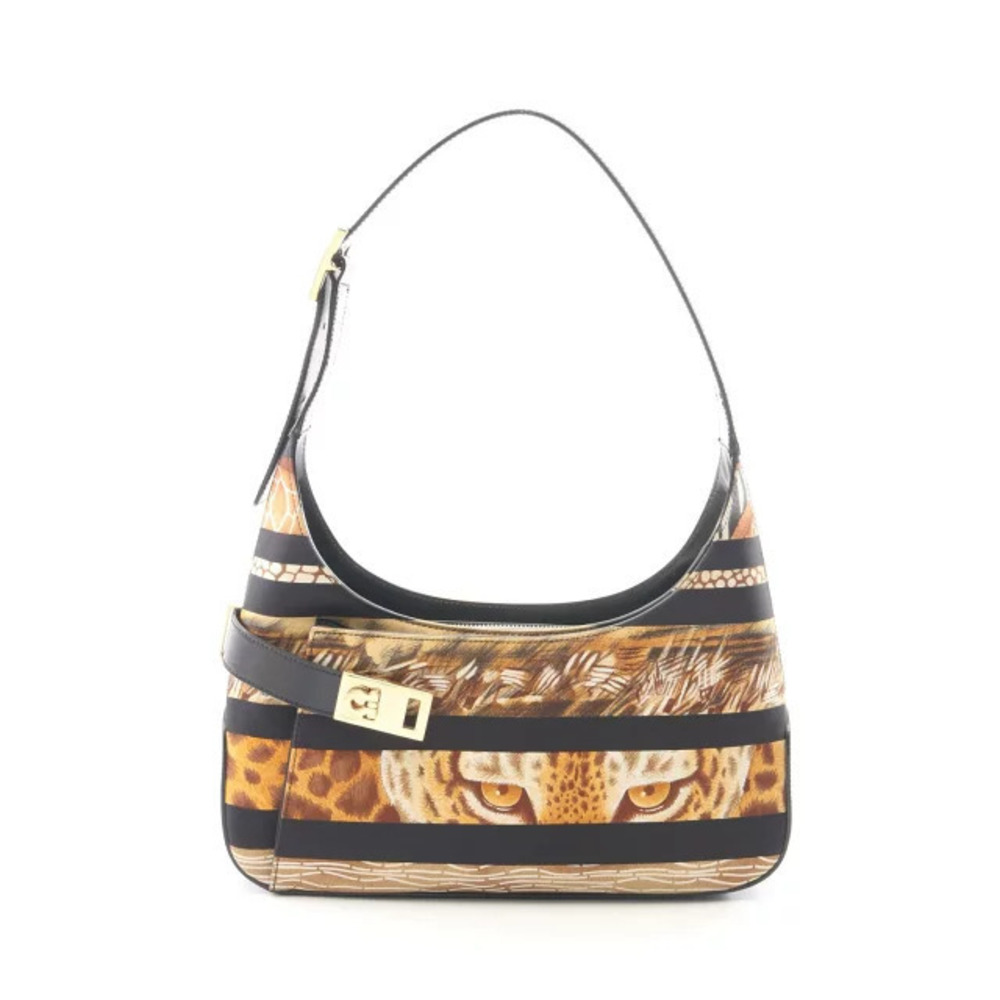 Salvatore Ferragamo Gancini Animal Shoulder Bag Canvas Leather Brown Black